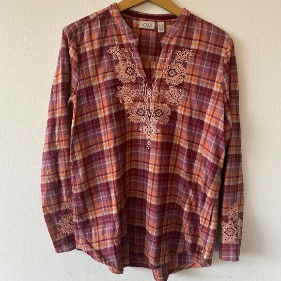 Logo Lori Goldstein Top Womens Size 8 Flannel Tunic Popover Boho Southwestern - Picture 1 of 11
